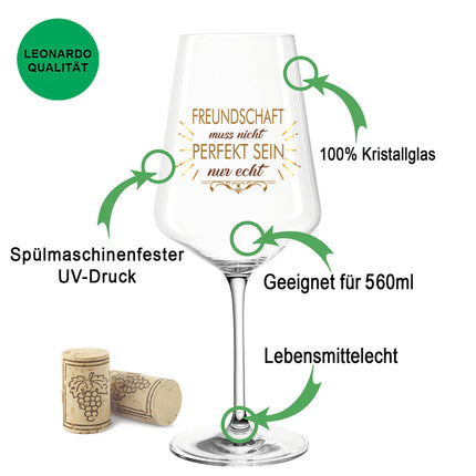 SEO. Leonardo Weinglas mit UV - Druck "Freundschaft muss nicht perfekt sein" - Puccini UV Linkreich