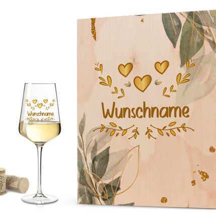SEO. Leonardo Weinglas mit UV - Druck "Herzensmensch Floral Gold" Design - Puccini UV mit Holzkiste Linkreich