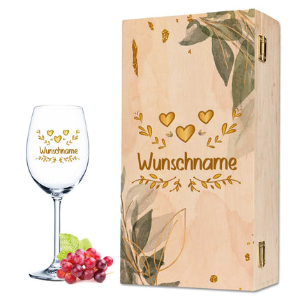 SEO. Leonardo Weinglas mit UV - Druck "Herzensmensch Floral Gold" Design - Daily UV mit Holzkiste Linkreich