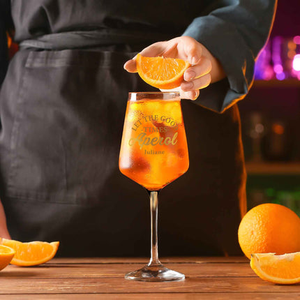 SEO. Leonardo Weinglas mit UV - Druck - "Let the good times Aperol" mit Namen - Puccini Linkreich