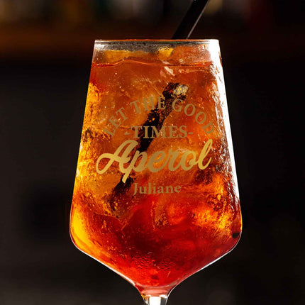 SEO. Leonardo Weinglas mit UV - Druck - "Let the good times Aperol" mit Namen - Puccini Linkreich