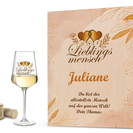 SEO. Leonardo Weinglas mit UV - Druck "Lieblingsmensch" - Puccini UV mit Holzkiste Linkreich