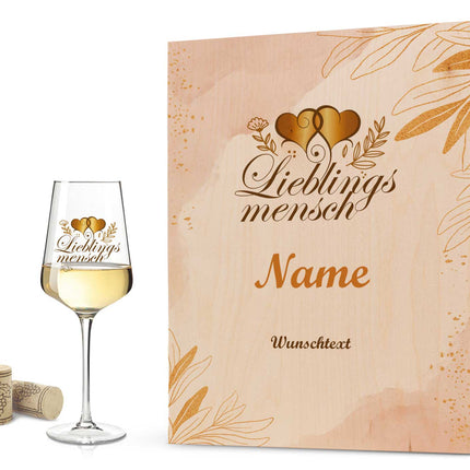 SEO. Leonardo Weinglas mit UV - Druck "Lieblingsmensch" - Puccini UV mit Holzkiste Linkreich