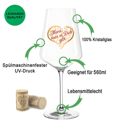 SEO. Leonardo Weinglas mit UV - Druck "Merci, dass es Dich gibt" - Puccini UV Linkreich