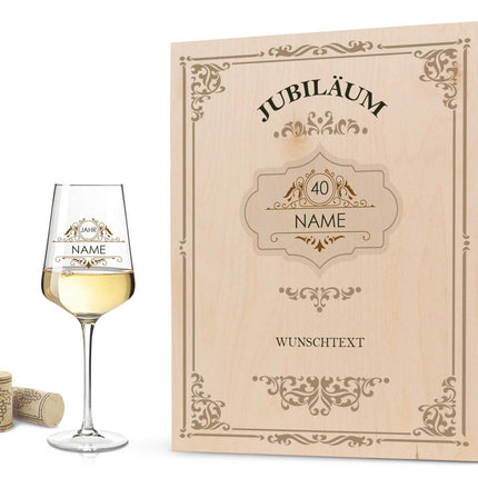 SEO. Leonardo Weinglas mit UV - Druck "Vintage Jubiläum" mit Namen - Puccini UV mit Holzkiste Linkreich