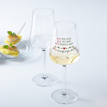 SEO. Leonardo Weinglas mit UV - Druck "Wein ist einfach für Dich da" - Puccini Linkreich