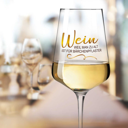 SEO. Leonardo Weinglas mit UV - Druck "Wein, weil man zu alt ist für Bärchenpflaster" - Puccini Linkreich