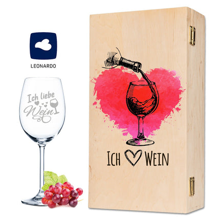SEO. Leonardo Weinglas mit Wunschname Gravur inkl. bedruckter "Ich Liebe Wein" Holzkiste - Linkreich