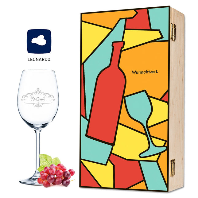 SEO. Leonardo Weinglas mit Wunschname Gravur inkl. bedruckter "Mosaik Vino Style" Holzkiste - Linkreich
