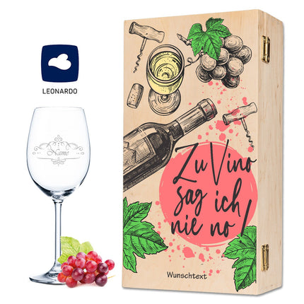 SEO. Leonardo Weinglas mit Wunschname Gravur inkl. bedruckter "Zu Vino sag ich nie no" Holzkiste - Linkreich