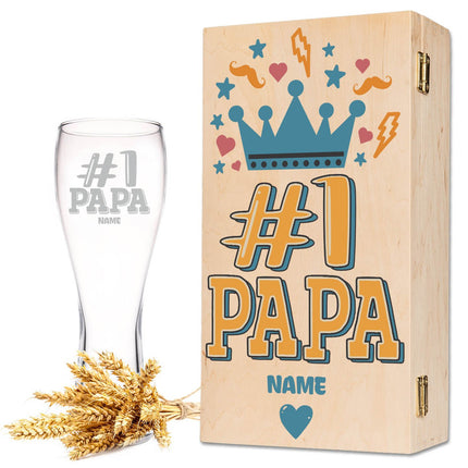 SEO. Leonardo Weizenglas "1 Papa" mit Namen - kleine Kiste UV Linkreich