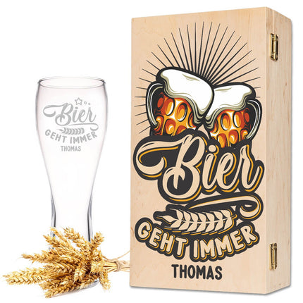 SEO. Leonardo Weizenglas "Bier geht immer" mit Namen - kleine Kiste UV Linkreich