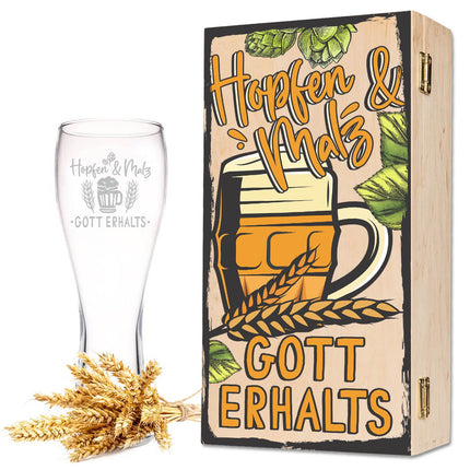 SEO. Leonardo Weizenglas "Hopfen und Malz Gott erhalts" - kleine Kiste UV Linkreich