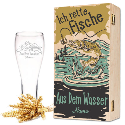 SEO. Leonardo Weizenglas "Ich rette Fische aus dem Wasser" mit Namen - kleine Kiste UV Linkreich