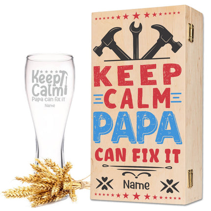 SEO. Leonardo Weizenglas "Keep calm papa can fix it" mit Namen - kleine Kiste UV Linkreich
