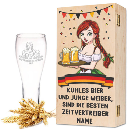 SEO. Leonardo Weizenglas "Kühles Bier und junge Weiber" mit Namen - kleine Kiste UV Linkreich