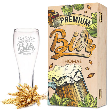 SEO. Leonardo Weizenglas "Premium Bier" mit Namen - kleine Kiste UV Linkreich