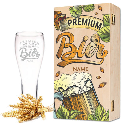 SEO. Leonardo Weizenglas "Premium Bier" mit Namen - kleine Kiste UV Linkreich