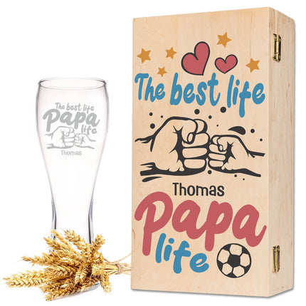 SEO. Leonardo Weizenglas "The best life Papa life" mit Namen - kleine Kiste UV Linkreich