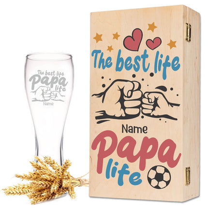 SEO. Leonardo Weizenglas "The best life Papa life" mit Namen - kleine Kiste UV Linkreich
