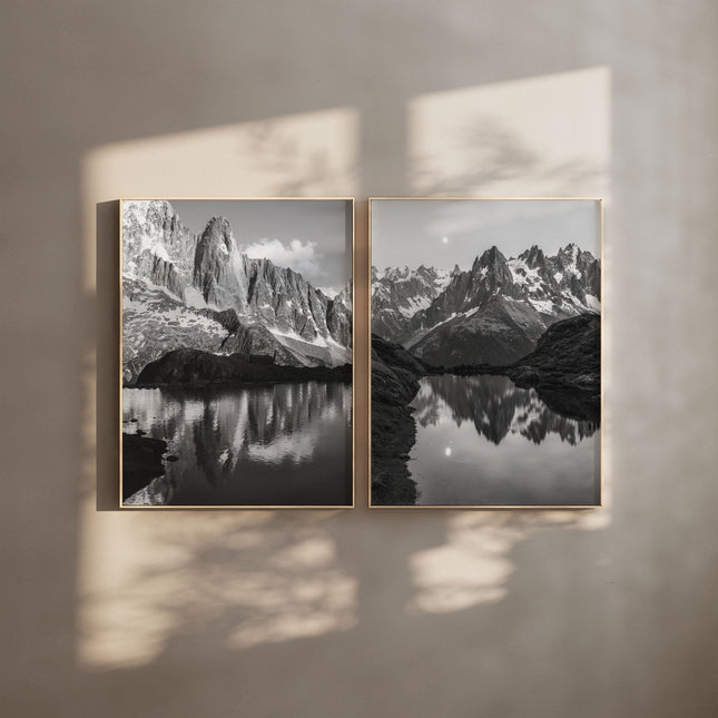 Les Drus & Lac de la Flégère Black and White Mountain Wall Art – Nature Photography Prints