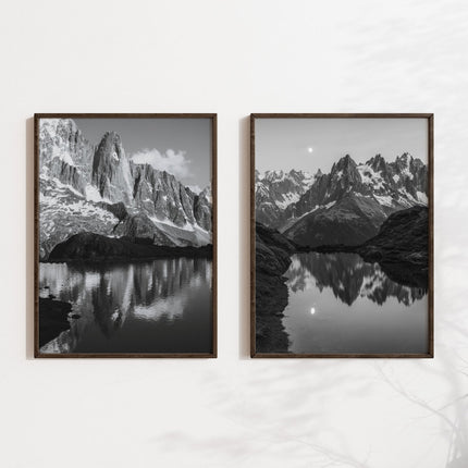 Les Drus & Lac de la Flégère Black and White Mountain Wall Art – Nature Photography Prints