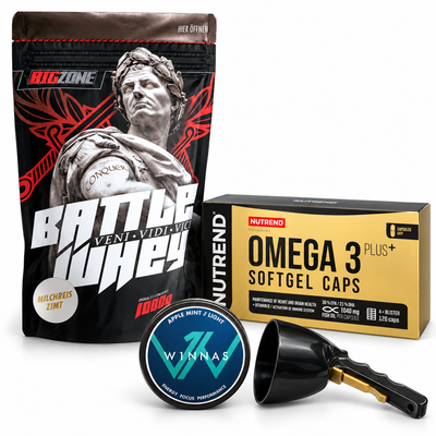 Fitness-Set: Battle Whey Milchreis-Zimt, Omega 3 Plus 120 Kapseln, W1NNAS Apple Mint und schwarzer Pulver-Trichter