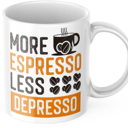 SEO. Lustige Kaffeetasse "More Espresso Less Depresso" Frühstück Morgen Arbeit Tasse Büro Geschenk - Linkreich