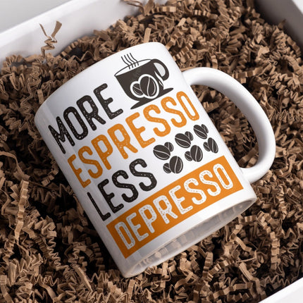 SEO. Lustige Kaffeetasse "More Espresso Less Depresso" Frühstück Morgen Arbeit Tasse Büro Geschenk - Linkreich
