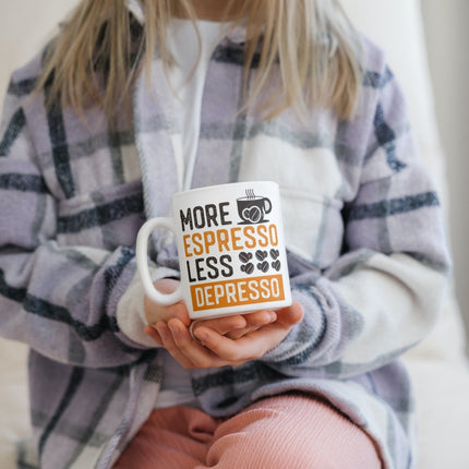 SEO. Lustige Kaffeetasse "More Espresso Less Depresso" Frühstück Morgen Arbeit Tasse Büro Geschenk - Linkreich