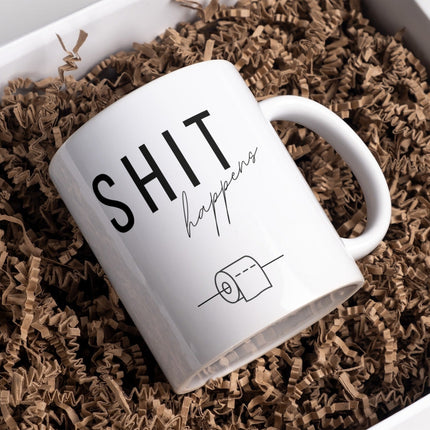 SEO. Lustige Kaffeetasse "Shit happens" Frühstück Morgen Arbeit Tasse Büro Geschenk - Linkreich