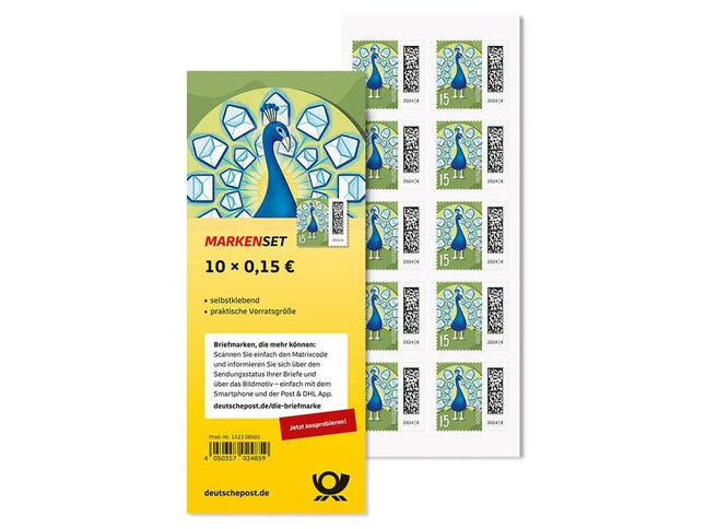 Markenset Briefpfau, Briefmarke zu 0,15 €, 10er-Set