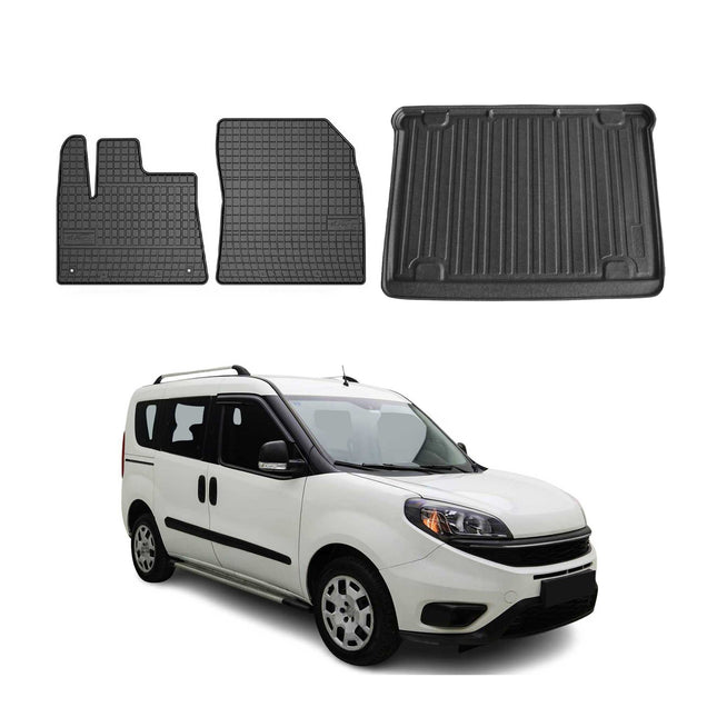 Fußmatten & Kofferraumwanne Set für Fiat Doblo 2010-2024 Gummi TPE Schwarz 3x