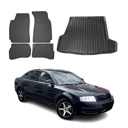 Fußmatten & Kofferraumwanne Set für Skoda Superb Stufenheck 2001-2008 Gummi 5x