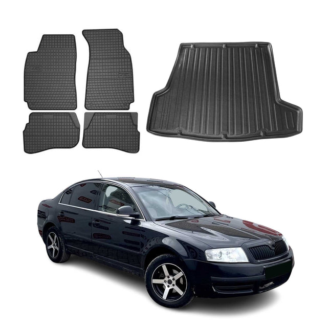 Fußmatten & Kofferraumwanne Set für Skoda Superb Stufenheck 2001-2008 Gummi 5x