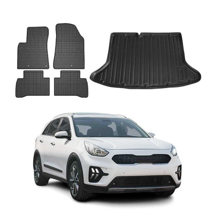 Fußmatten & Kofferraumwanne Set für Kia Niro I 2017-2022 Gummi TPE Schwarz 5x