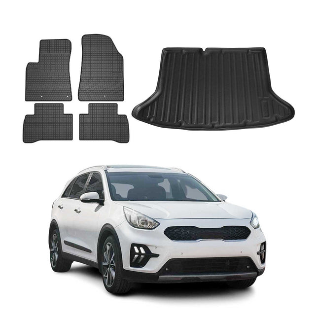 Fußmatten & Kofferraumwanne Set für Kia Niro I 2017-2022 Gummi TPE Schwarz 5x