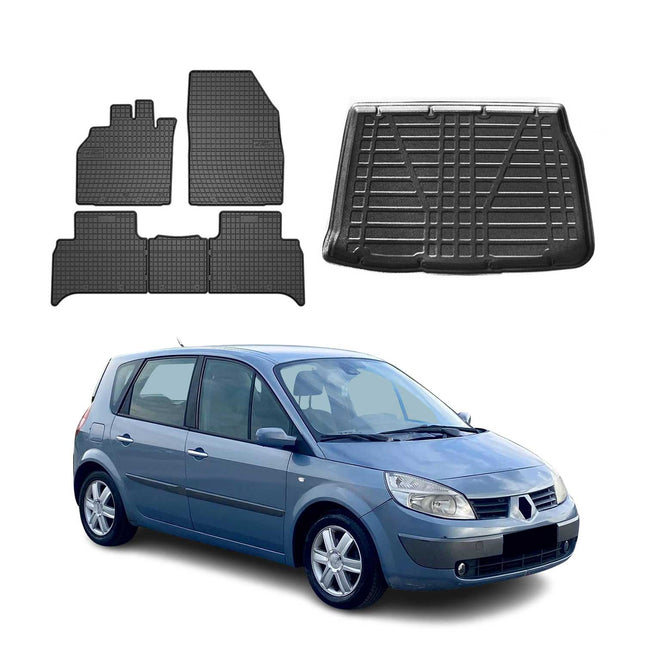 Fußmatten & Kofferraumwanne Set für Renault Scenic 2003-2009 Gummi TPE Schwarz