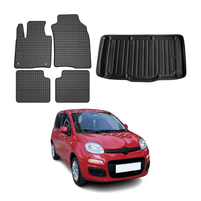 Fußmatten & Kofferraumwanne Set für Fiat Panda 2012-2026 5tür Gummi Schwarz 5x