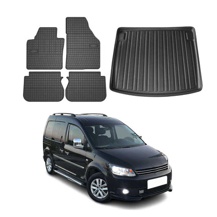 Fußmatten & Kofferraumwanne Set für VW Caddy 2010-2015 Gummi TPE Schwarz 5x