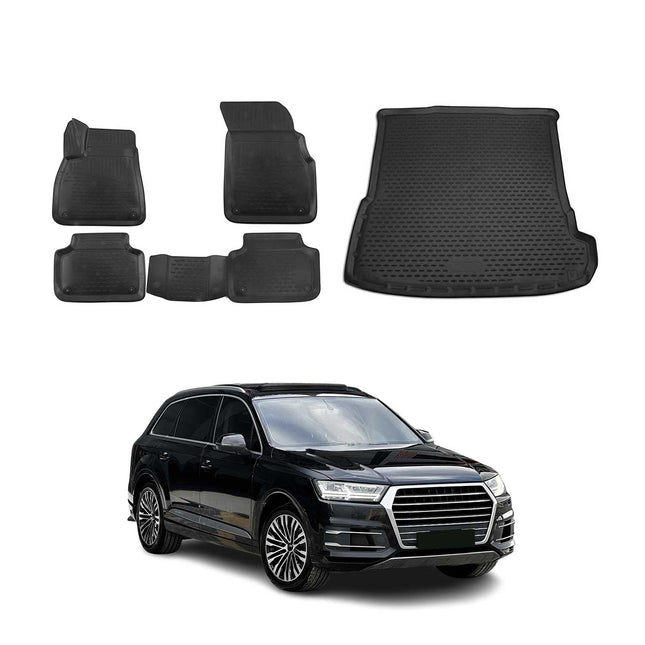 Fußmatten & Kofferraumwanne Set für Audi Q7 4M 2015-2026 Gummi TPE Schwarz 5x