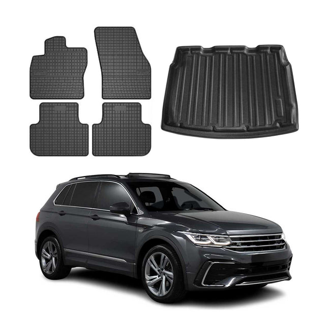 Fußmatten & Kofferraumwanne Set für VW Tiguan 2016-2024 Untere Schwarz Gummi 5x