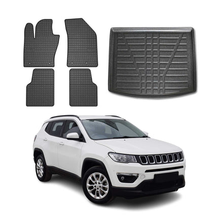 Fußmatten & Kofferraumwanne Set für Jeep Compass 2017-2025 Gummi TPE Schwarz 5x