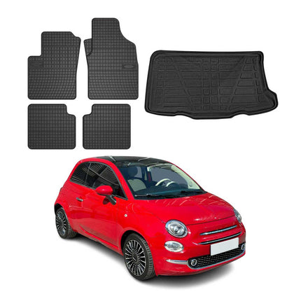 Fußmatten & Kofferraumwanne Set für Fiat 500 2012-2026 Gummi TPE Schwarz 5x