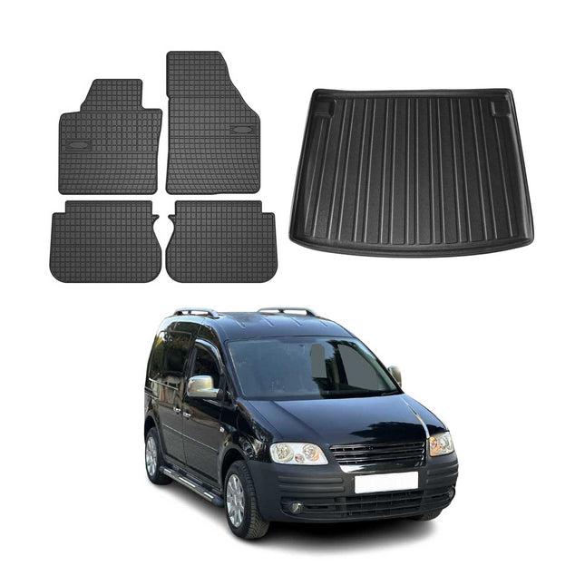 Fußmatten & Kofferraumwanne Set für VW Caddy 2004-2010 Gummi TPE Schwarz 5x