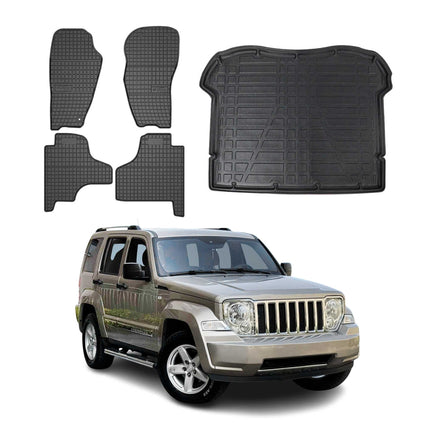 Fußmatten & Kofferraumwanne Set für Jeep Cherokee 2007-2013 Gummi Schwarz 5x
