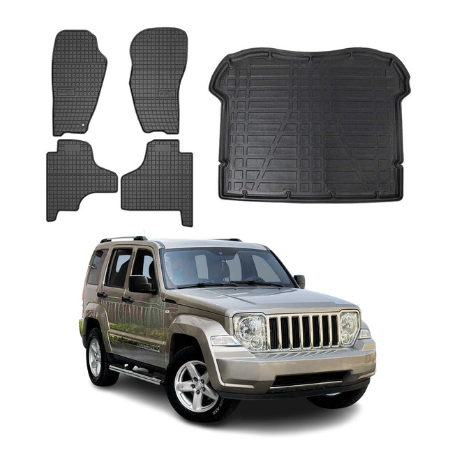 Fußmatten & Kofferraumwanne Set für Jeep Cherokee 2007-2013 Gummi Schwarz 5x
