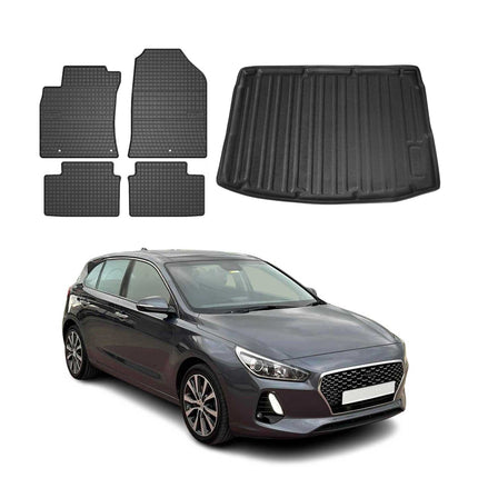 Fußmatten & Kofferraumwanne Set für Hyundai i30 2017-2026 Gummi TPE Schwarz 5x