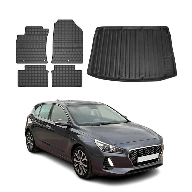 Fußmatten & Kofferraumwanne Set für Hyundai i30 2017-2026 Gummi TPE Schwarz 5x