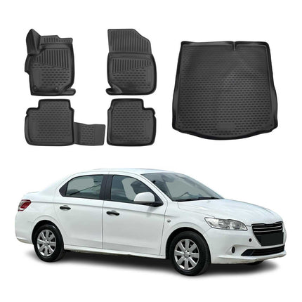 Fußmatten & Kofferraumwanne Set für Peugeot 301 2012-2026 Stufenheck TPE Schwarz